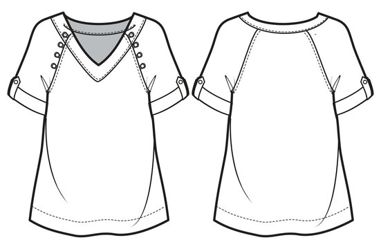 Women Raglan sleeve blouse design flat sketch fashion illustration drawing with front and back view, v neck rolled up sleeve blouse cad drawing