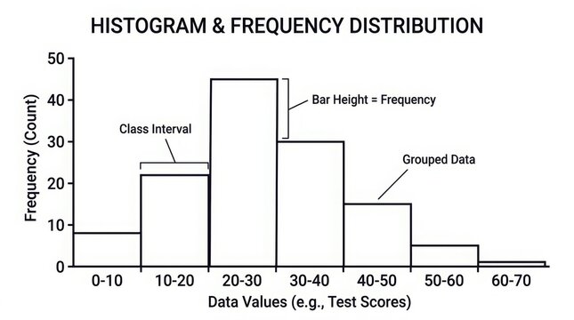 Business professional analyzing histogram data on computer screen in office setting with copy space