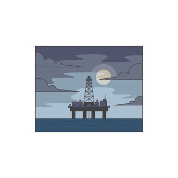 Flat vector illustration of an offshore oil drilling rig platform standing on a calm sea beneath a cloudy twilight sky with a pale moon