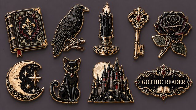 Gothic reader pin badge collection featuring dark bookish designs for readers, literature lovers, Etsy shops, gifts and alternative merchandise.