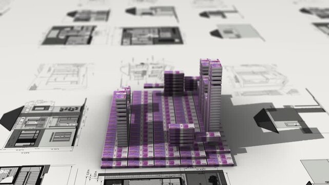 Building a House with Euro Banknotes on Blueprints: Real Estate Investment Concept