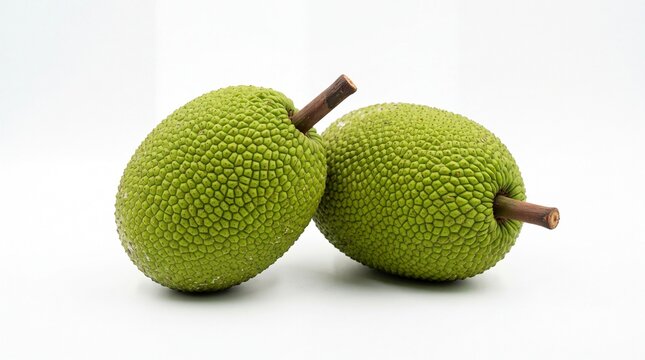 Fresh organic breadfruit pair showing textured green skins and woody stems isolated on white background