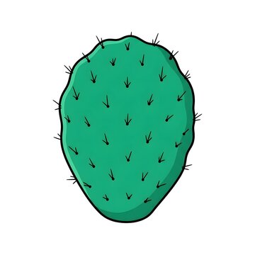 Hand drawn green cactus pad illustration with spines in cartoon style. Isolated on white background, ideal for desert themes, Mexican designs, and botanical graphics.