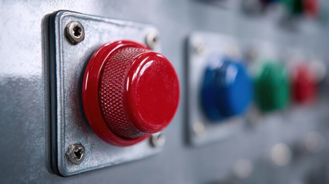 A bright red industrial push button on a metallic control panel with shallow depth of field. Ideal for.