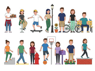 Fototapeta premium Diverse Character Set of Cartoon People in Various Urban Poses and Daily Lifestyle Activities