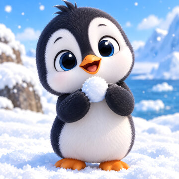 Adorable Cartoon Penguin Holding a Snowball in a Snowy Winter Landscape