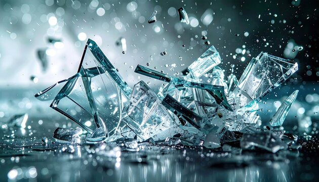 Shattered clear glass fragments exploding through the air in dramatic high-speed macro photography