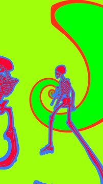 Seamless vertical video of a thriller dancing skeletons with spiral. Funny halloween background with cartoon effect