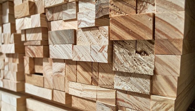 Stacked rectangular plywood blocks showing layered wood grain texture on dusty carpentry workshop table