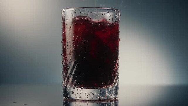 Refreshing Dark Red Berry Cocktail with Ice Cubes in a Glass.