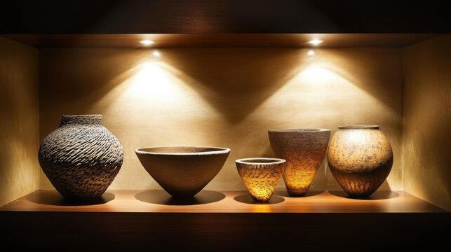 Diverse Cultural Artifacts Collection Displayed on Illuminated Shelf