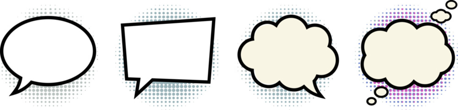 Set of comic book speech bubbles and thought clouds with halftone dot patterns