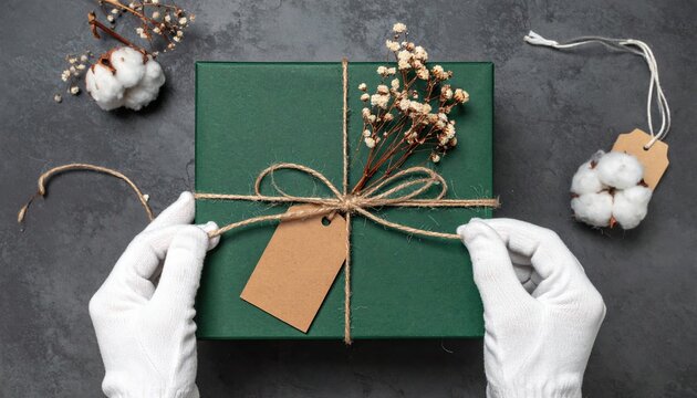 Hands wearing white cotton gloves tying frayed ribbon around dark green gift box with dried flowers and blank tag