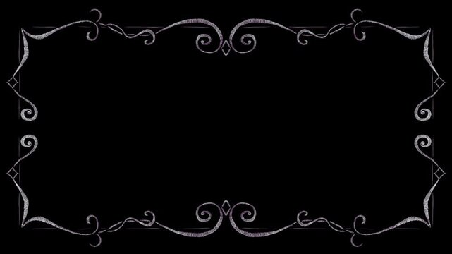 A series of decorative white ornamental frames drawn on a solid black background for design with corners arranged horizontally displays collection ornate