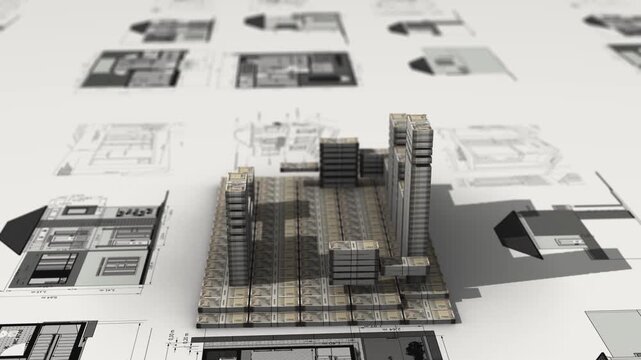 Indian Rupee Notes Building a House on Blueprints, Real Estate Investment Concept
