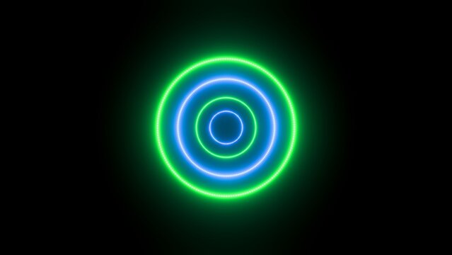 3D render of green and blue neon vibrant dashed circles on dark black background