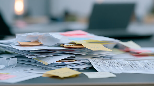 Messy office desk with stack of paper documents and colorful sticky notes in corporate workplace with blurred laptop background view
