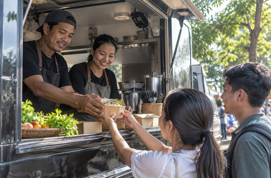 A smiling vendor hands a fresh meal to a customer from a food truck, with another customer waiting patiently. The scene is set outdoors on a sunny day, suggesting a casual dining experience.