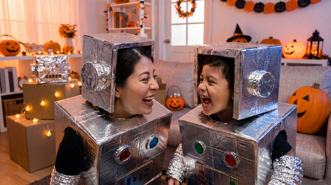 Latino mother and son in robot costumes with cardboard boxes for creative Halloween living room fun and October marketing.