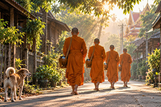 Young novice monks walking through a quiet rural village at sunrise