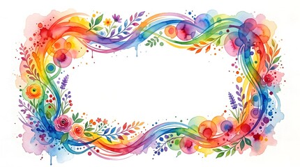 Obraz premium Vibrant horizontal watercolor rainbow ribbon frame with bubble accents, pink and orange garden roses, lavender spikes, and lush green leafy branches.