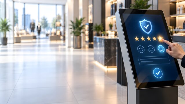 Person using a digital touchscreen kiosk to provide feedback and security rating in a modern office lobby