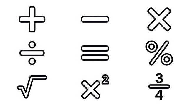 Set of mathematical operation icons including addition subtraction multiplication and division in a digital style with copy space