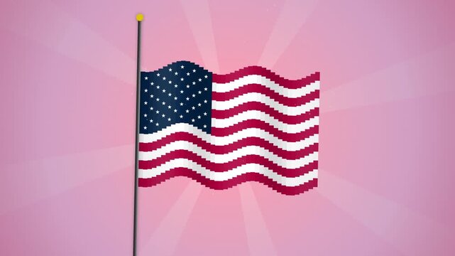 Pixel art animation of a waving American flag against a pink background