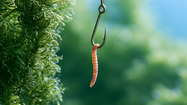 Earthworm Lumbricus terrestris bait on a sharp metal fish hook hanging in front of lush green plants in a natural outdoor river setting