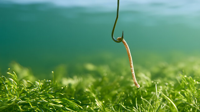 Earthworm Lumbricus terrestris bait on a metal hook underwater above green aquatic plants in a clear lake for fishing hobby promotion
