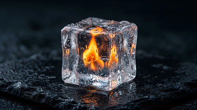 Fire burning inside an ice cube on dark background