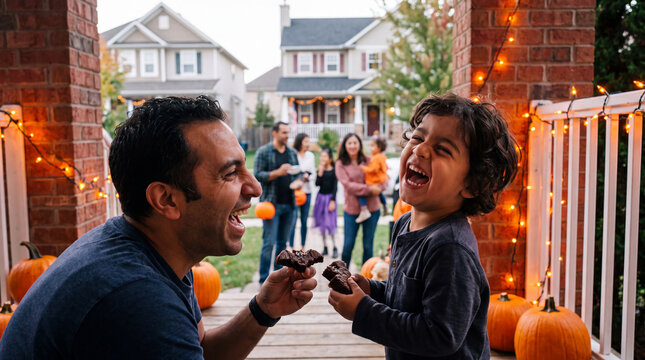 Middle Eastern father and son holding bat brownies on porch for cozy Halloween autumn treat and fall promotion.