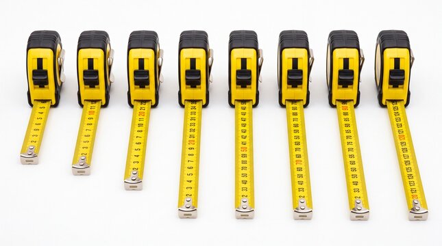 Eight yellow measuring tape tools arranged in a perfect row for construction projects on white background