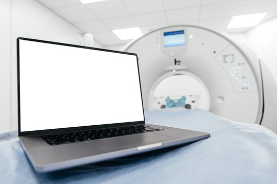 Clean computer display in tomography room, concept of digital health, CT scan, MRI scan and medical technology presentation.
