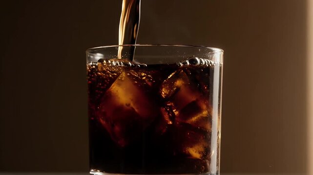 Pouring dark cola drink over ice cubes in a clear glass close up.