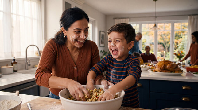 Middle Eastern mother and son making holiday stuffing for warm Thanksgiving cooking moment and autumn advertising.