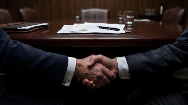 Business Executives Shaking Hands After Agreement at Corporate Meeting Table