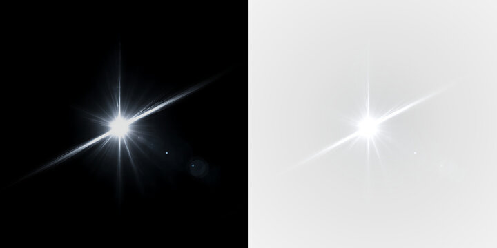 Bright white light burst with radiant rays, a glowing sun flare, and a lens reflection on a transparent background PNG.