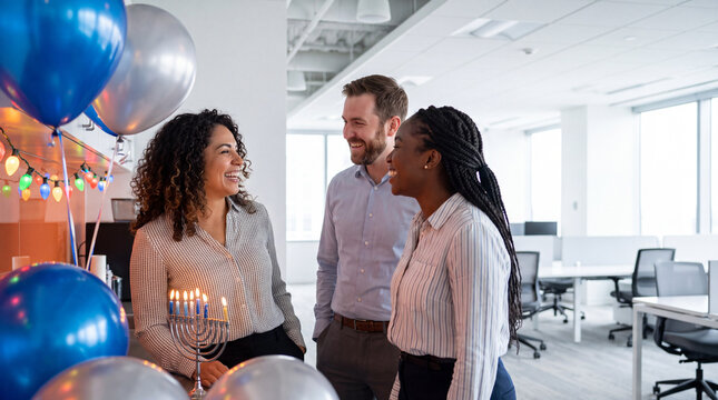 Diverse team in lounge with blue silver balloons for festive Hanukkah workplace celebration and December advertising.