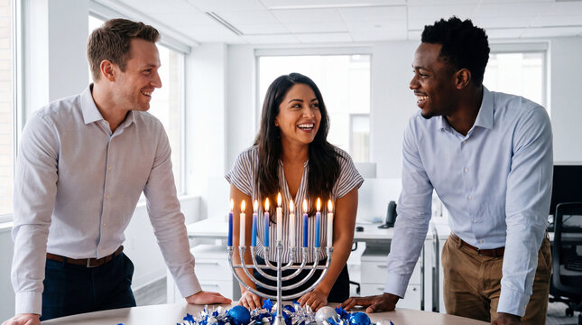 Team in meeting room with lit menorah for warm Hanukkah workplace celebration and winter advertising.