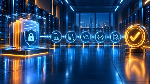 Digital document workflow and automated approval process concept featuring glowing compliance icons and large golden checkmark inside modern data center server room environment