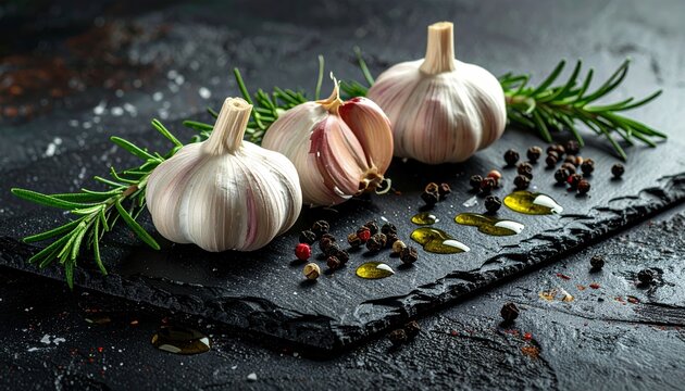 Fresh garlic bulbs, rosemary sprigs, peppercorns and olive oil droplets arranged on rough black slate board