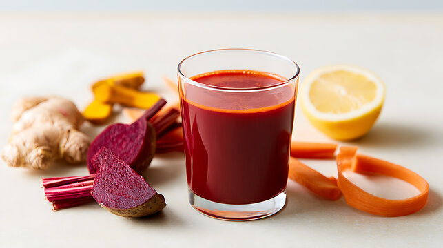 Fresh vegetable juice in glass with beet beta vulgaris, ginger zingiber officinale, carrot daucus carota, and lemon citrus limon ingredients