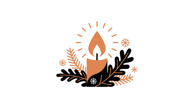 Stylized Christmas candle with glowing flame and winter pine branches vector illustration