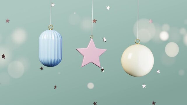 Pastel christmas ornaments with pink star in festive seamless loop