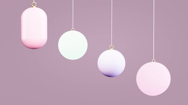 Minimal pastel christmas ornaments hanging in soft seamless loop