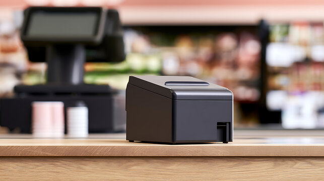 Modern electronic receipt printer device placed on wooden checkout counter in retail store with blur background for business transaction use