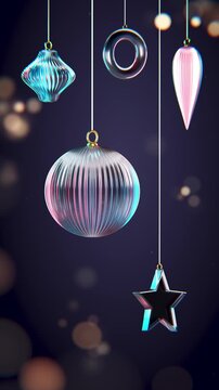Vertical iridescent christmas ornaments over dark bokeh seamless loop