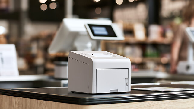 Modern electronic cash register on a store counter in a retail checkout environment with payment terminals for customer transaction in store