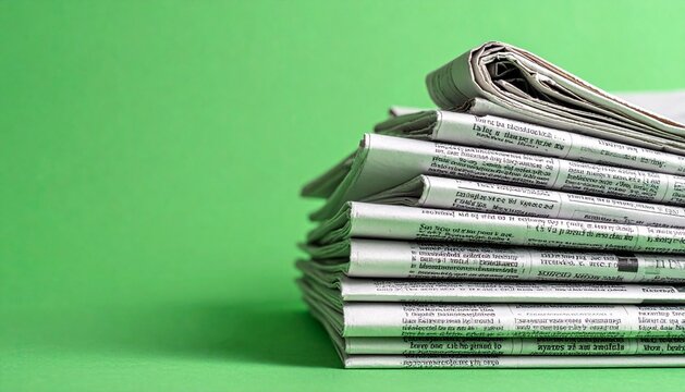 Stack of Newspapers on Green Background for Media and Journalism Concept